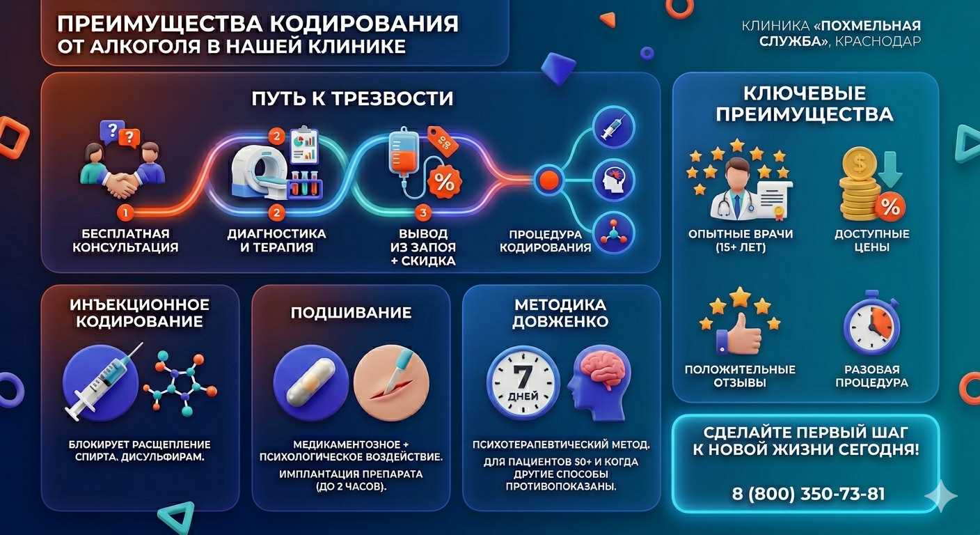 Инфографика о методах кодирования от алкоголя в Новокузнецке: инъекции, подшивание, метод Довженко. Преимущества клиники и этапы лечения.