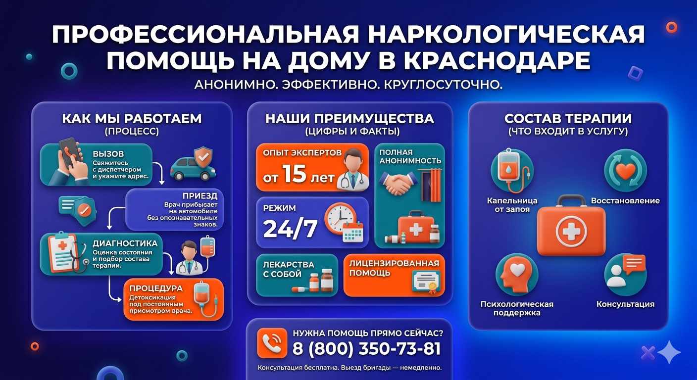 Инфографика о принципах лечения алкоголизма на дому в Новокузнецке: этапы вызова нарколога, преимущества анонимной детоксикации и состав медицинской помощи.